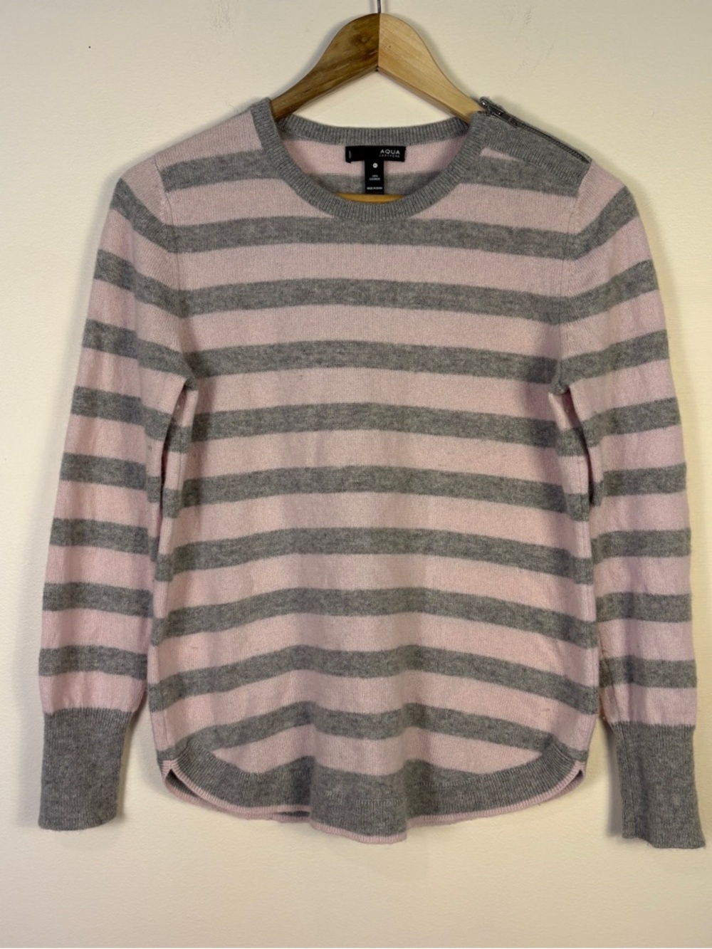 Aqua 100% Cashmere Pink Gray Striped Crewneck Sweater Classic Luxury